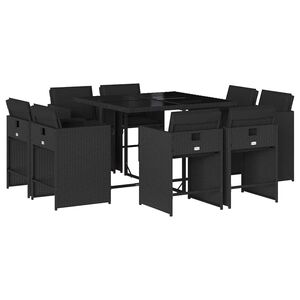 vidaXL 9 pcs conjunto de jantar p/ jardim c/ almofad&otilde;es vime PE preto
