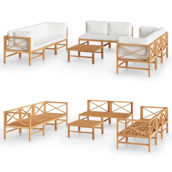 vidaXL 9 pcs conj. lounge de jardim + almofad&otilde;es cor creme teca maci&ccedil;a