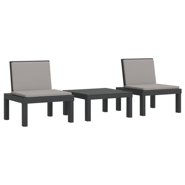vidaXL 3 pcs conjunto lounge de jardim com almofadões PP antracite