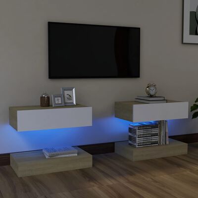 vidaXL Móveis de TV c/ luzes LED 2pcs 60x35cm branco e carvalho sonoma