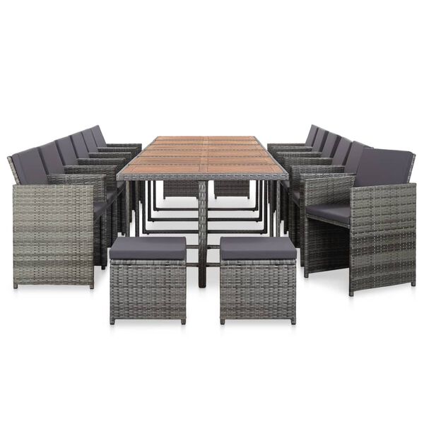 vidaXL 17 pcs conjunto jantar exterior com almofad&otilde;es vime PE cinzento