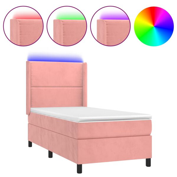 vidaXL Cama box spring c/ colch&atilde;o/LED 90x190 cm veludo rosa