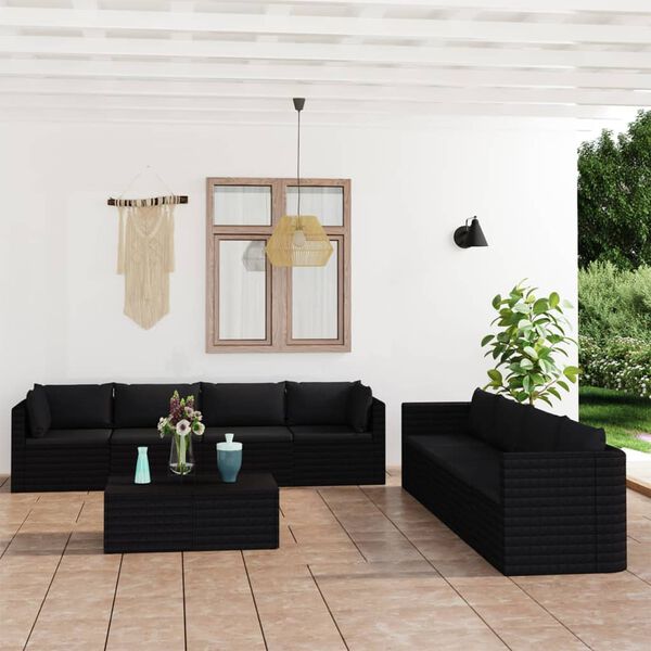 vidaXL 9 pcs conjunto lounge de jardim c/ almofad&otilde;es vime PE preto