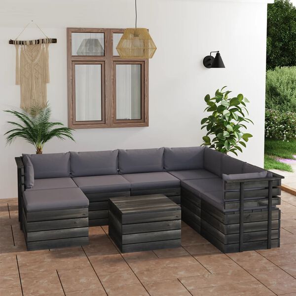 vidaXL 8 pcs conjunto lounge de paletes com almofad&otilde;es pinho maci&ccedil;o