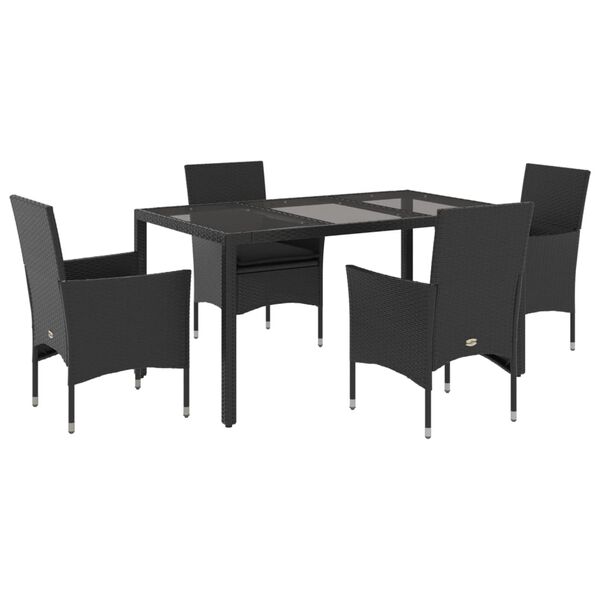vidaXL 5 pcs conjunto jantar jardim c/ almofad&otilde;es vime PE/vidro preto