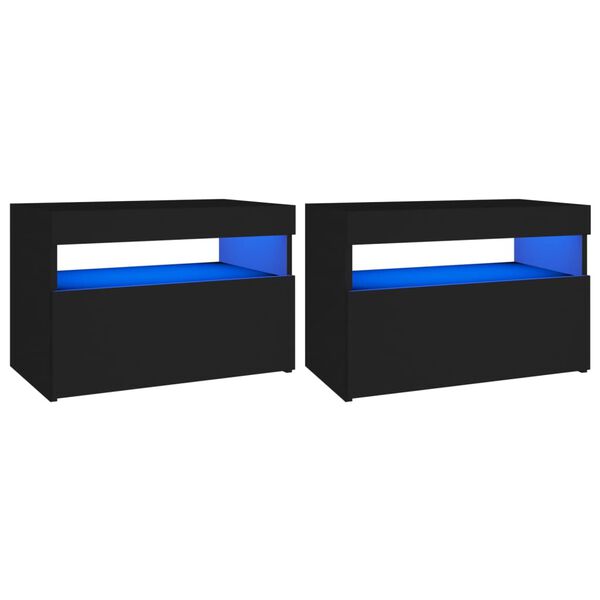 vidaXL Mesa cabeceira c/ luz LED 2pcs 60x35x40cm deriv. madeira preto