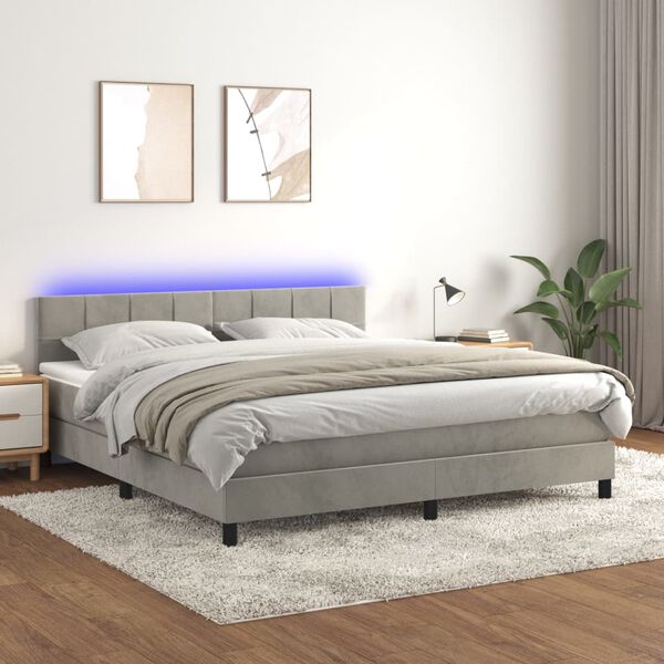 vidaXL Cama box spring c/ colch&atilde;o/LED 180x200 cm veludo cinzento-claro