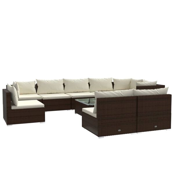 vidaXL 10 pcs conjunto lounge jardim c/ almofadões vime PE castanho