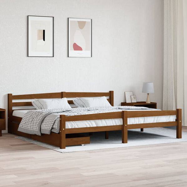 vidaXL Estrutura cama c/ 2 gavetas 200x200cm pinho maci&ccedil;o castanho mel