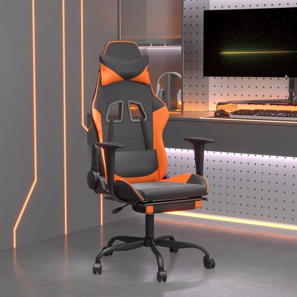 vidaXL Cadeira gaming c/ apoio p/ p&eacute;s couro artificial preto e laranja