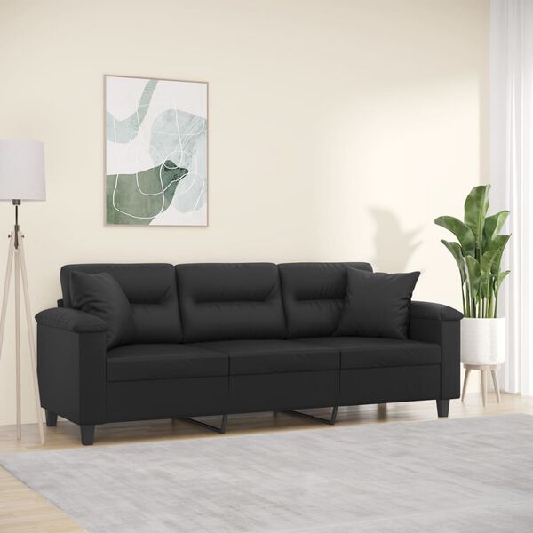 vidaXL Sof&aacute; 3 lugares c/ almofadas/almofad&otilde;es 180cm couro artif. preto