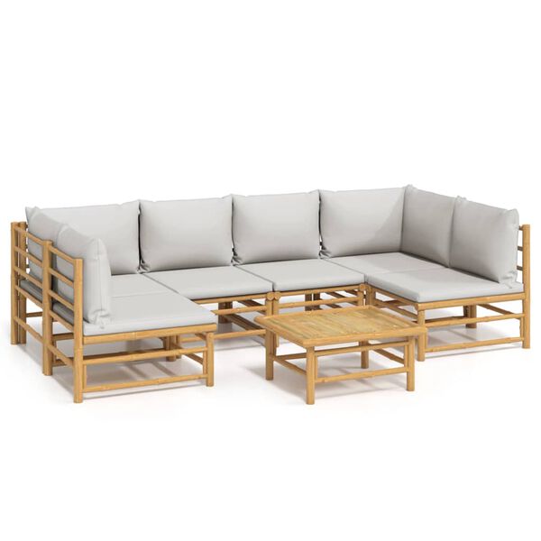 vidaXL 7 pcs conj. lounge de jardim bambu c/ almofadões cinzento-claro