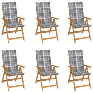 vidaXL Cadeiras jardim c/ almofad&otilde;es xadrez cinzento 6 pcs teca maci&ccedil;a
