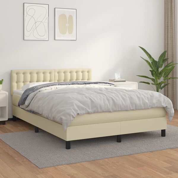 vidaXL Cama com molas/colch&atilde;o 140x190 cm couro artificial cor creme