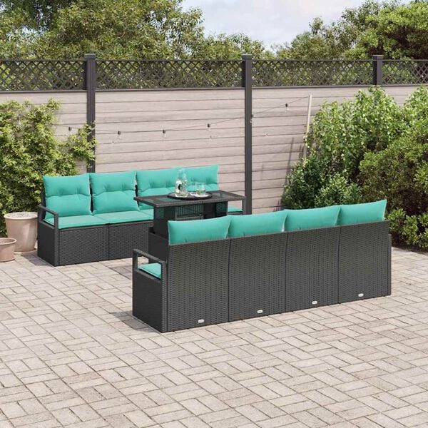 vidaXL Conjunto de Sof&aacute; de Jardim 7 pcs Preto e azul vime PE