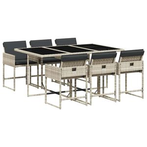 vidaXL 7 pcs conj. jantar p/ jardim c/ almofad&otilde;es vime PE cinza-claro