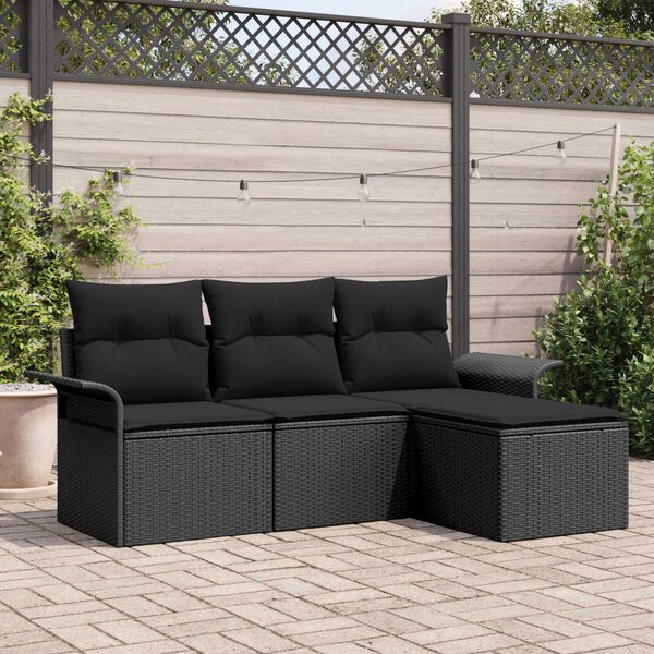 vidaXL Conjunto de Sof&aacute;s com almofada 4 pcs Preto vime PE
