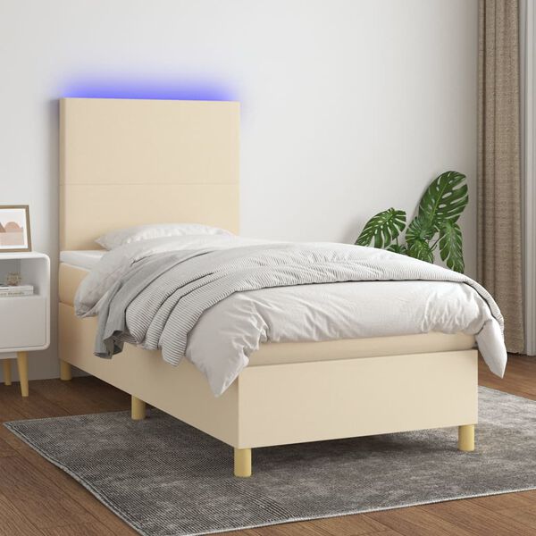 vidaXL Cama box spring c/ colch&atilde;o e LED 90x200 cm tecido cor creme
