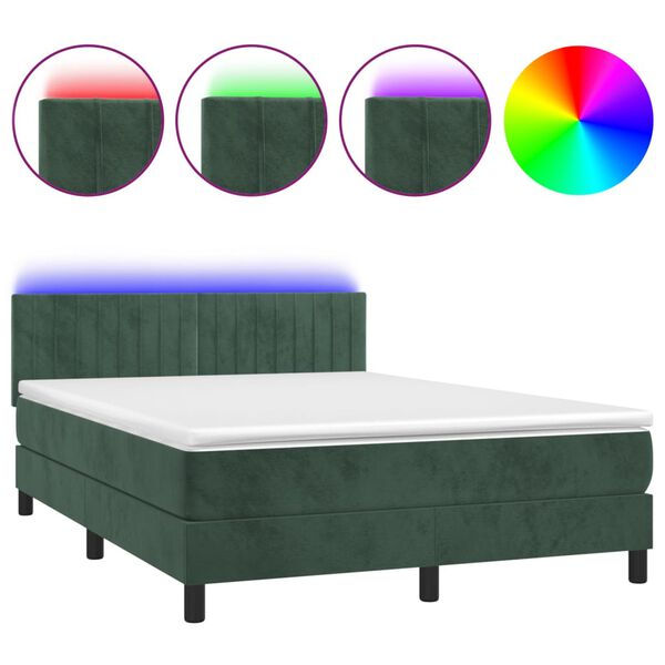 vidaXL Cama box spring c/ colch&atilde;o/LED 140x200 cm veludo verde-escuro