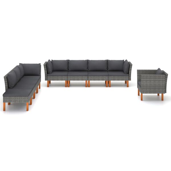 vidaXL 9 pcs conj. lounge jardim vime PE e madeira eucalipto cinzento