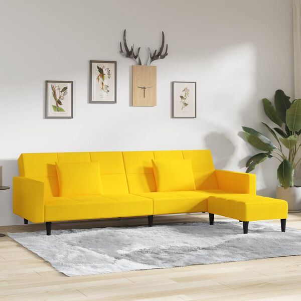 vidaXL Sof&aacute;-cama 2 lug. c/ 2 almofadas e apoio de p&eacute;s veludo amarelo