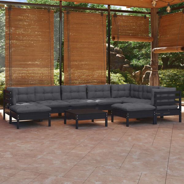 vidaXL 10 pcs conjunto lounge jardim c/ almofad&otilde;es pinho maci&ccedil;o preto