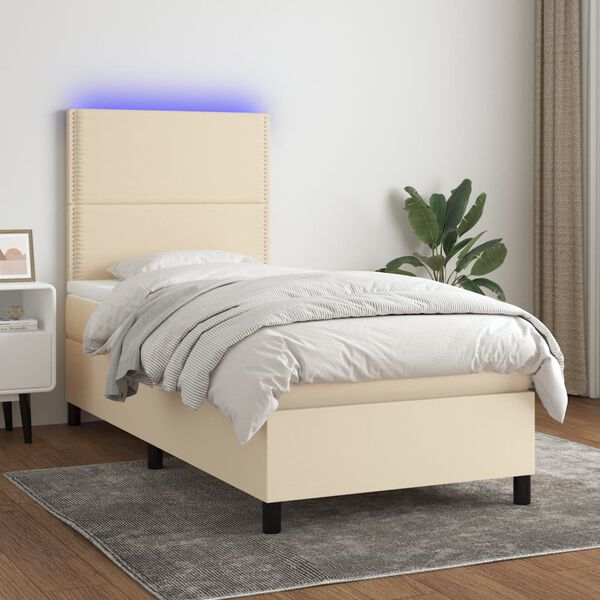 vidaXL Cama box spring c/ colch&atilde;o e LED 100x200 cm tecido cor creme