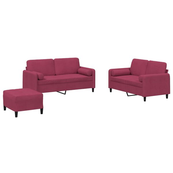 vidaXL 3 pcs conjunto de sof&aacute;s com almofadas veludo vermelho-tinto