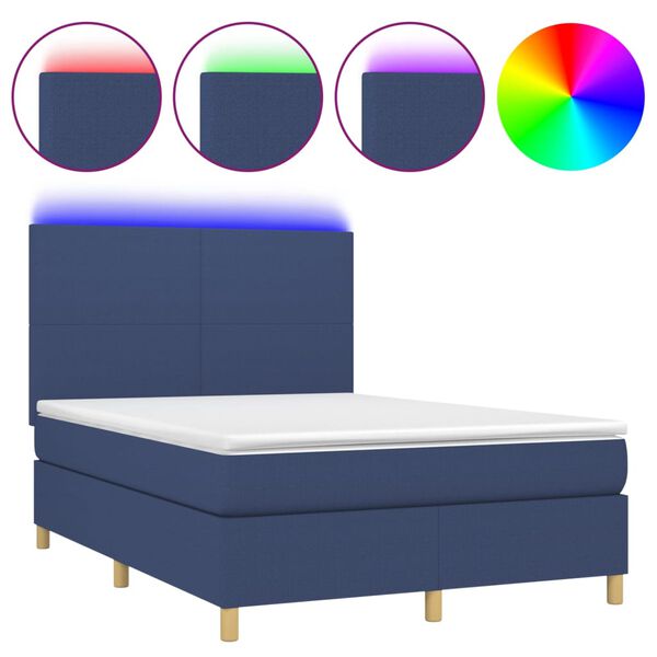 vidaXL Cama box spring c/ colch&atilde;o e LED 140x190 cm tecido azul