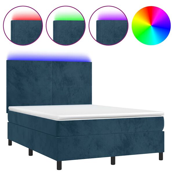 vidaXL Cama box spring c/ colch&atilde;o/LED 140x190 cm veludo azul-escuro