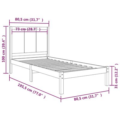vidaXL Estrutura de cama pequena solteiro 2FT6 75x190 cm pinho maciço