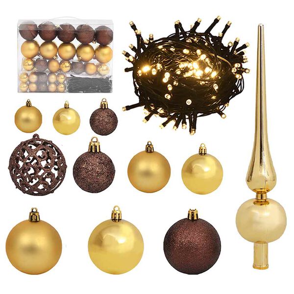 vidaXL Conj. de bolas de natal 60pcs c/ pico e 150 LEDs dourado/bronze