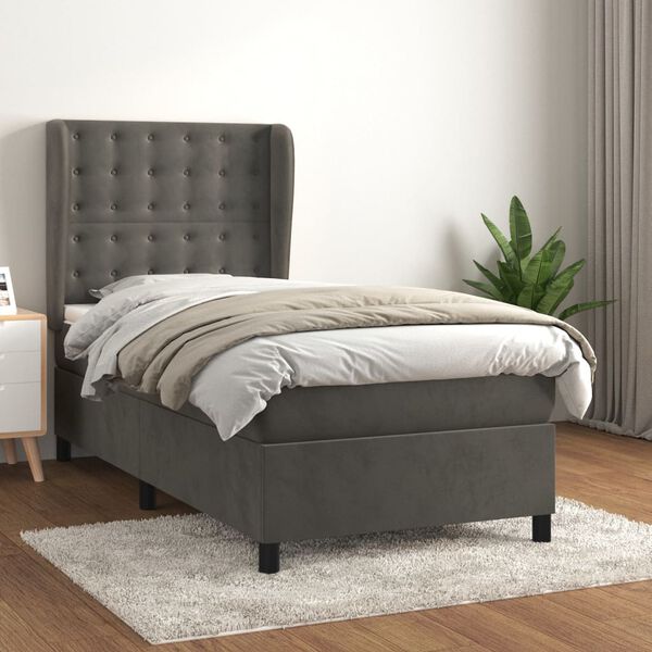 vidaXL Cama com molas/colch&atilde;o 100x200 cm veludo cinza-escuro