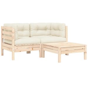 vidaXL 3 pcs conjunto lounge jardim c/ almofad&otilde;es creme pinho maci&ccedil;o