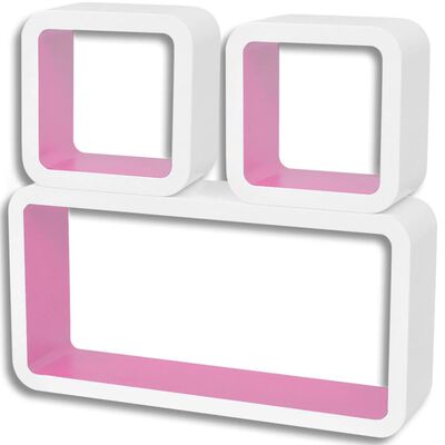 Conjunto 3 prateleiras/cubos de parede, MDF, branco-rosa
