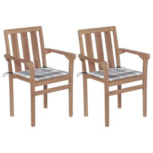 vidaXL Cadeiras jardim c/ almofad&otilde;es xadrez cinzento 2 pcs teca maci&ccedil;a