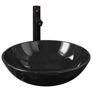 vidaXL Lavat&oacute;rio torneira v&aacute;lvula click-clack vidro temperado preto