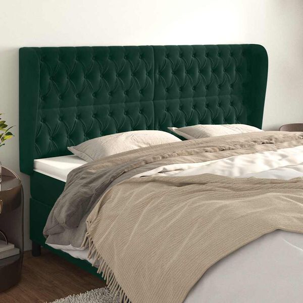 vidaXL Cabeceira cama c/ abas veludo 183x23x118/128 cm verde-escuro