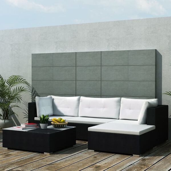 vidaXL 5 pcs conjunto lounge de jardim c/ almofadões vime PE preto