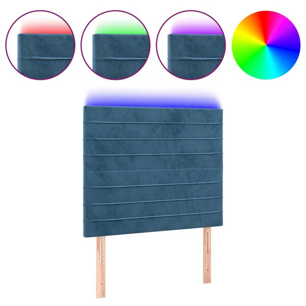 vidaXL Cabeceira cama c/ luzes LED veludo 90x5x118/128cm azul-escuro