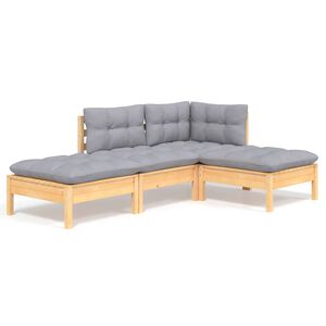 vidaXL 4 pcs conjunto lounge de jardim + almofad&otilde;es cinza pinho maci&ccedil;o