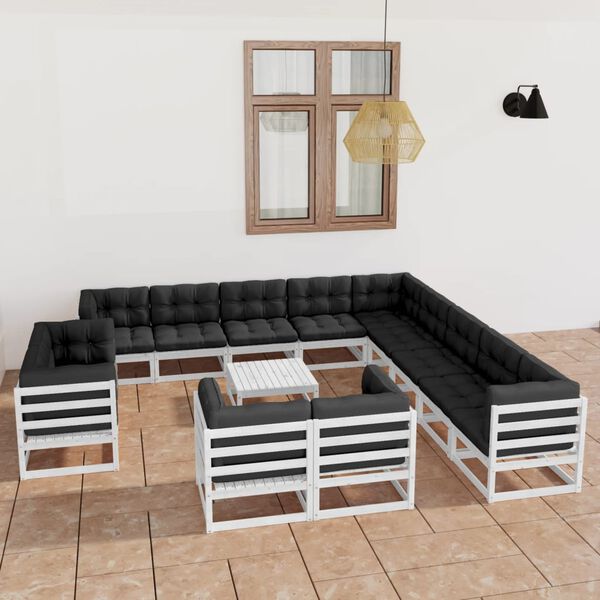 vidaXL 14 pcs conj. lounge de jardim c/ almofad&otilde;es pinho maci&ccedil;o branco