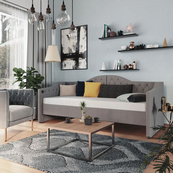 vidaXL Sof&aacute;-cama c/ colch&atilde;o e sa&iacute;da USB 90x200 cm tecido cinza-claro