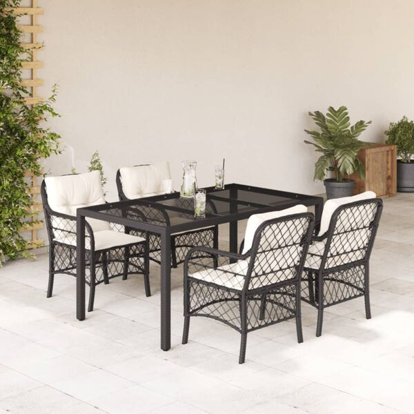 vidaXL 5 pcs conjunto de jantar p/ jardim c/ almofad&otilde;es vime PE preto