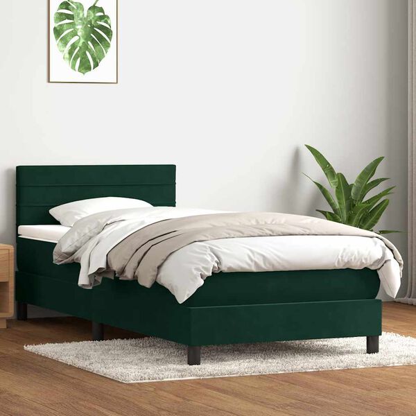 vidaXL Cama box spring c/ colch&atilde;o e LED verde-escuro 80x220 cm veludo