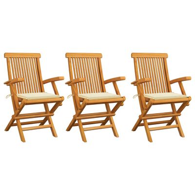 vidaXL Cadeiras de jardim c/ almofadões creme 3 pcs teca maciça