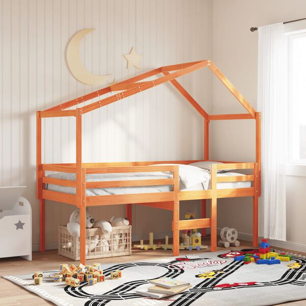 vidaXL Cama alta com telhado 90x200 cm pinho maci&ccedil;o castanho-mel