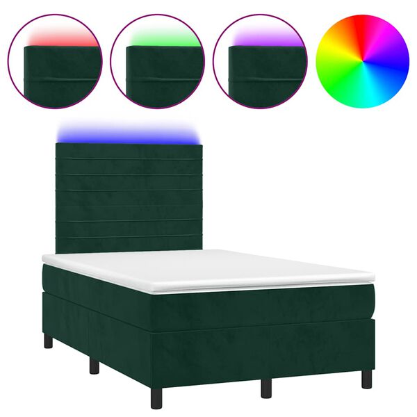 vidaXL Cama box spring com colch&atilde;o e luzes LED veludo verde-escuro