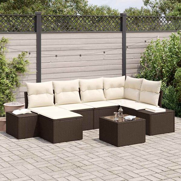 vidaXL Conjunto de Sof&aacute; de Jardim 7 pcs Marrom e Creme vime PE