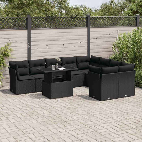 vidaXL 10 pcs conjunto sof&aacute;s de jardim c/ almofad&otilde;es vime PE preto